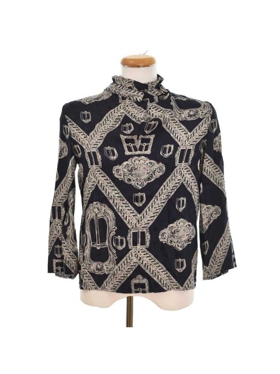 Hermes Tops - Hermes Blouse Shirt Top Long Sleeve with Belt High Neck Back Zip All Over